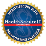A circular gold-edged badge featuring the text "HealthSecure Elite Participating Practice" around the outer edge and "HealthSecureIT Defend Your Data" in the center on a blue background.